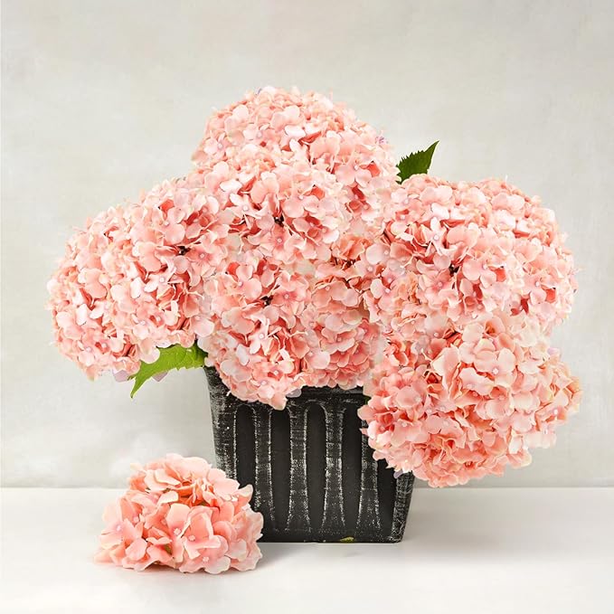 Auihiay 64 PCS Full Hydrangea Flowers, Silk Hydrangea Artificial Flowers Heads with Stems, Artificial Flowers for Wedding, Garden, Baby Shower, Party, Outdoor Indoor Decoration (Light Peach)