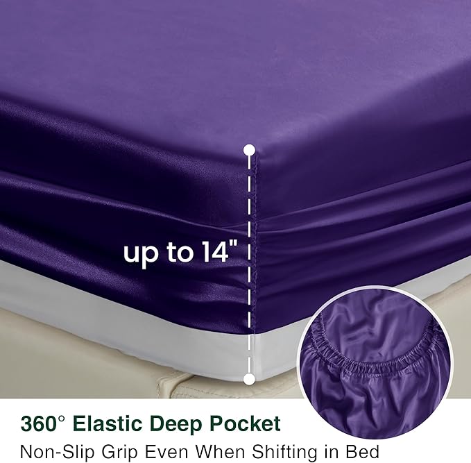Love's cabin Satin Queen Sheets Set - 4 Piece Purple Silky Bed Sheets Set with Deep Pocket, Luxury Silk Feel Satin Queen Size Sheet Set (1 Flat Sheet,1 Fitted Sheet,2 Pillow Cases)