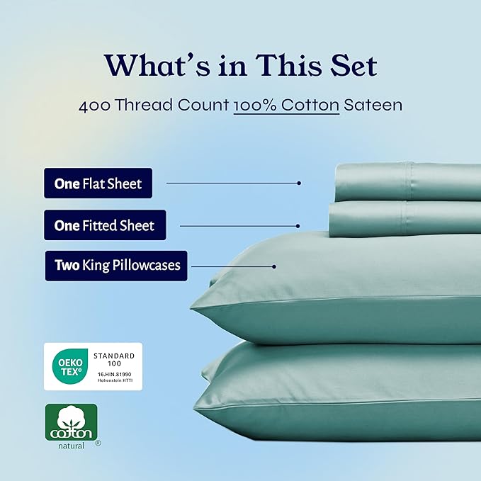 California Design Den King Size Sheets Set - 400 Thread Count Sateen, Natural 100% Cotton Sheets with Deep Pockets, Breathable, Cooling and Durable Bedding Set - Teal