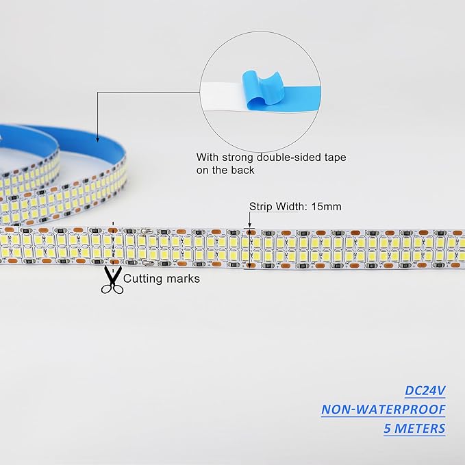 2835 SMD Cold White LED Strip Lights 6500K DC 24V 16.4ft/5M Double Row 2400 LEDs Flexible LED Strip Tape Light Ribbon Lamp LED Daylight Dimmable Strip Lights for Bedroom, Kitchen, Cabinet