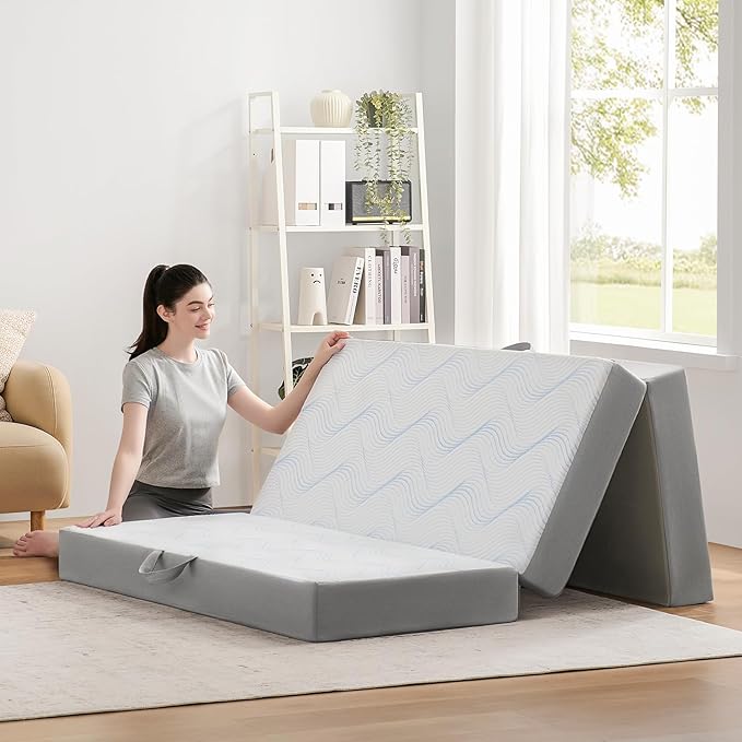 Foldable Mattress Queen 4 inch -Portable White Memory Foam Folding Matress with Washable Cover for Camping Travel Guest Room Home Use-Non-Slip&Easy Storage