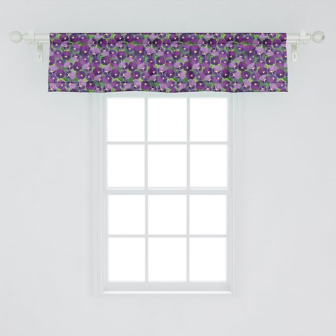 Ambesonne Botanical Window Valance, Green Field Full of Burgeoning Pansy Inflorescence Garden Flourish Bedding Plants, Curtain Valance for Kitchen Bedroom Decor with Rod Pocket, 54" X 12", Purple
