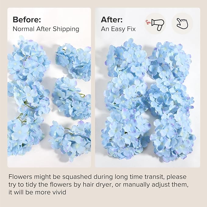 Auihiay 64 PCS Full Artificial Hydrangea Flowers, Blue Purple Silk Hydrangea Heads with Stems, Fake Flowers for Wedding Centerpieces, Baby Shower, Home, Garden, Party Decoration (Blue Purple)