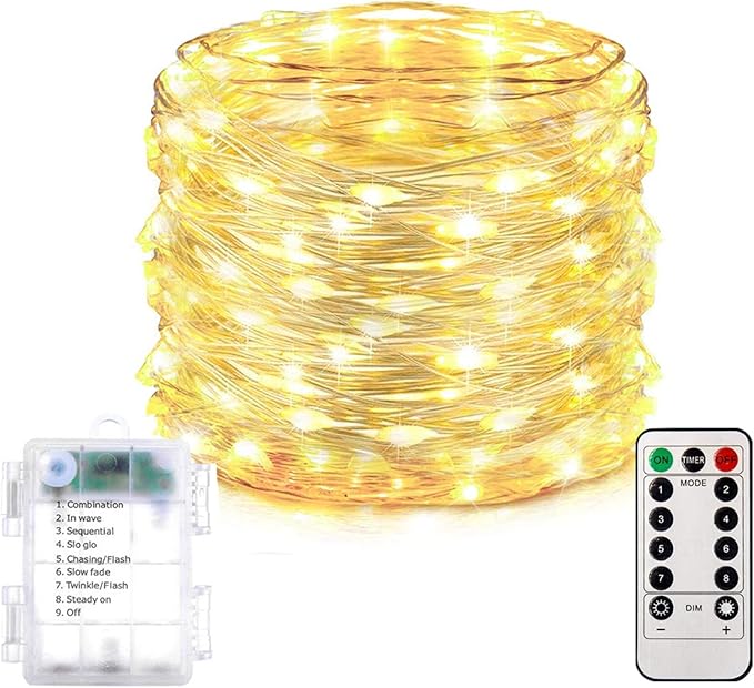 Homemory 200 LED Battery Operated Long Fairy Lights, 66FT Fairy String Lights with Remote, 8 Modes Copper Sliver Wire Lights, Waterproof Christmas Twinkle Lights Wedding Bedroom, Warm White