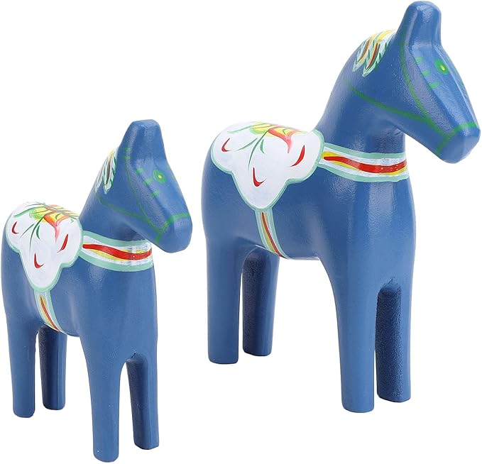EVGATSAUTO Hand Painted Swedish Wooden Horse Figurine Pair Home Wedding Decor Nordic Design Blue