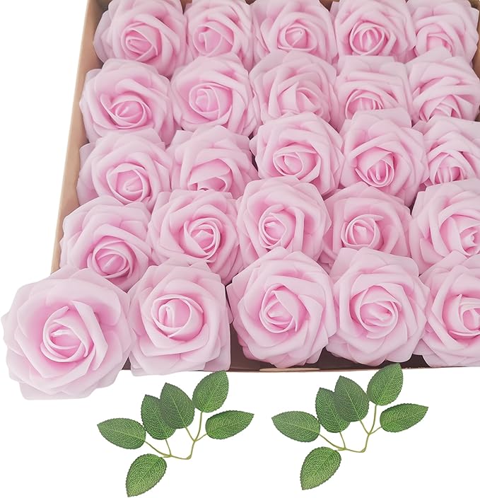 Artificial Flowers 25pcs Fake Roses, Baby Pink Foam Rose Faux Flower for DIY Wedding Bouquets Bridal Shower Centerpieces Floral Arrangements Home Decorations Party Backdrops Table