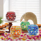 SHMILMH Mosaic Candle Holders Set of 4, Handmade Glass Tealight Votive Holders, Vibrant Red Yellow Blue Green for Diwali Christmas Wedding Party Decor, Year-Round Festive Centerpiece