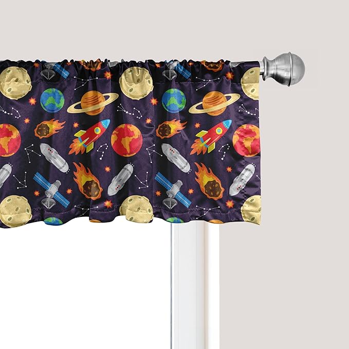 Ambesonne Space Window Valance, Universe Themed Illustration with Earth Moon Constellations Saturn Rockets Stars, Curtain Valance for Kitchen Bedroom Decor with Rod Pocket, 54" X 12", Dark Night Blue