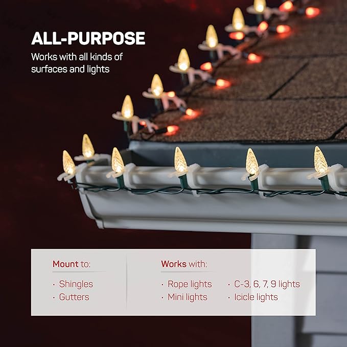 All-Purpose Holiday Light Clips [Set of 600] Christmas Light Clips, Outdoor Light Clips - Mount to Shingles & gutters - Works with Mini, C6, C7, C9, Rope, Icicle Lights - No Tools Required - USA Made