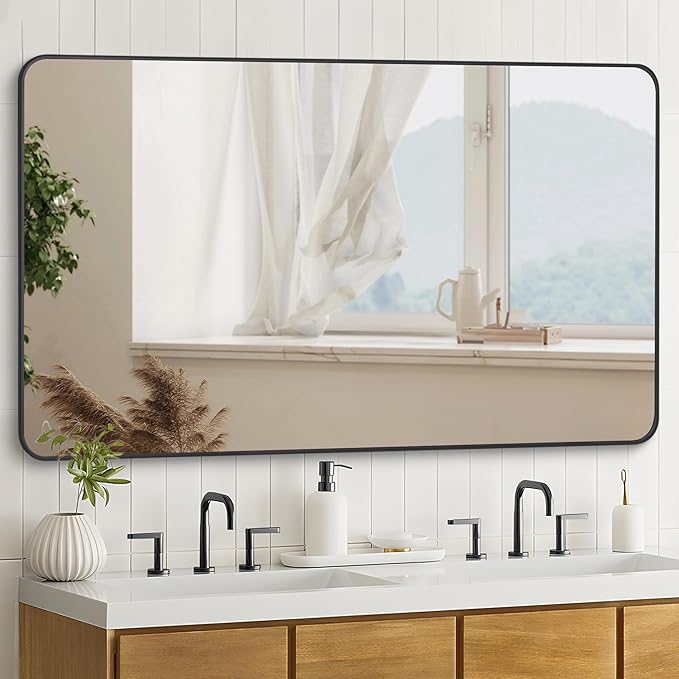 36" x 48"Bathroom Mirror, Matte Black Wall Mirror with Metal Frame, Decorative Rectangular Vanity Mirror for Bedroom Bathroom Living Room Entryway (Horizontal/Vertical)