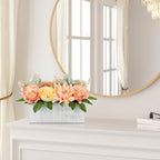 DILATATA Flower Arrangement with Wooden Vase 10" Artificial Flowers in Pot - Fake Flowers in White Rectangular Wooden Vase Potted Faux Flower Centerpieces for Table Decor Living Room - Orange
