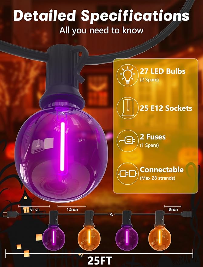 SUNSGNE G40 LED Outdoor Halloween String Lights 25FT Globe String Lights with 27 LED Shatterproof Clear Orange Purple Lights(2 Spare) for Patio Balcony Backyard Pergola Decor