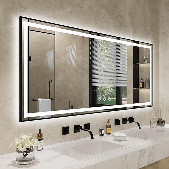 Bathroom Mirrors for Wall, 72x32 Inch Black Framed Gradient Front and Backlit Smart Mirror, 3 Colors Dimmable CRI>90, IP54 Enhanced Anti-Fog Wall Mounted Bathroom Mirror Frame