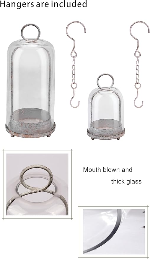 5" & 4" Wide Versatile Metal Candle Holder in Shabby White with Handmade Thick & Sturdy Glass Dome Cover for Pillar Candle & Plants, Farmhouse, Shabby Chic Style (2, White Shabby, Large & Small)