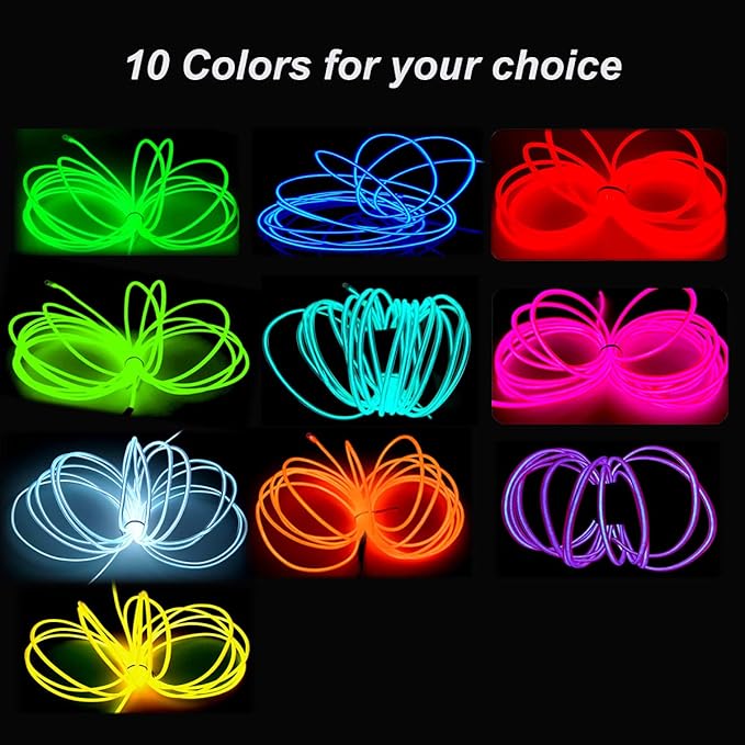 MaxLax EL Wire Ice Blue, 32.8ft/10m Portable Battery Pack Neon Light Strip 360° Cuttable Glowing Rope Lights for Parties, Halloween, DIY Decoration