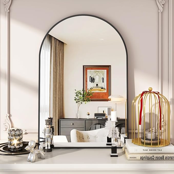 VooBang Arched Wall Mirror, 24 x 36 inch Arch Bathroom Mirror, Wall Mounted Vanity Mirror with Arch Metal Frame, Modern Bathroom Vanity Mirror for Bedroom, Living Room, Hanging or Leaning, Black