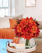 Briful Faux Fall Flowers in Vase, Artificial Dahlia & Mum Silk Floral Arrangement with Clear Glass Vase Fake Autumn Flowers Bouquet for Home Office Dining Room Table Centerpiece Decoration