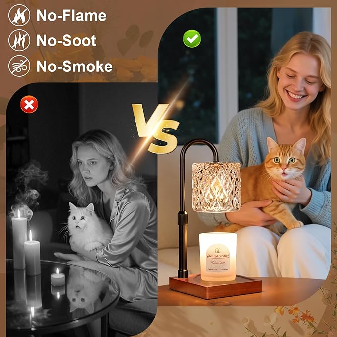 Hong-in Candle Warmer Lamp with Timer -Dimmable Adjustable Height Wax Melt Warmer for Jar Candles,Vintage Home Decor with Elegant Amber Glass,Birthday Gifts for Women, Mom, Friend