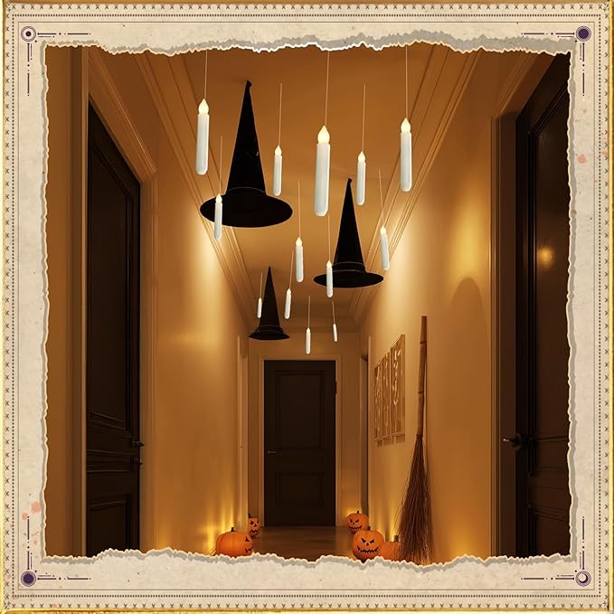 Homemory Hanging 20 Pcs Floating Candles with 2 Wand Remote and String, Flying Flameless LED Taper Candles Warm White Light, Battery Operated Window Candle for Halloween Christmas Party