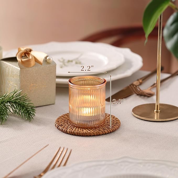 32pcs Ribbed Gold Votive Candle Holders for Wedding Table Decor, Tea Light Candle Holder Glass, Gold Candle Holders for Table Centerpiece, Diwali and Holiday Decorations