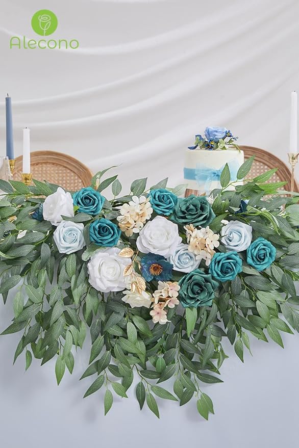 Alecono Artificial Flowers, Silk Flowers with Stems Wedding Flowers Combo Box Set for DIY, Bluish Green Wedding Cake Flowers for St. Patrick's Day Decorations