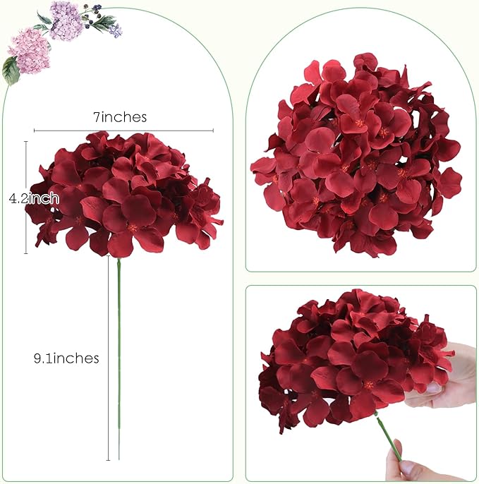 AVIVIHO Burgundy Artificial Flowers Fake Hydrangeas 10pcs Heads Full Faux Hydrangea Flowers Artificial Silk Flowers with Stems for Wedding Home Party Shop Baby Shower Decoration