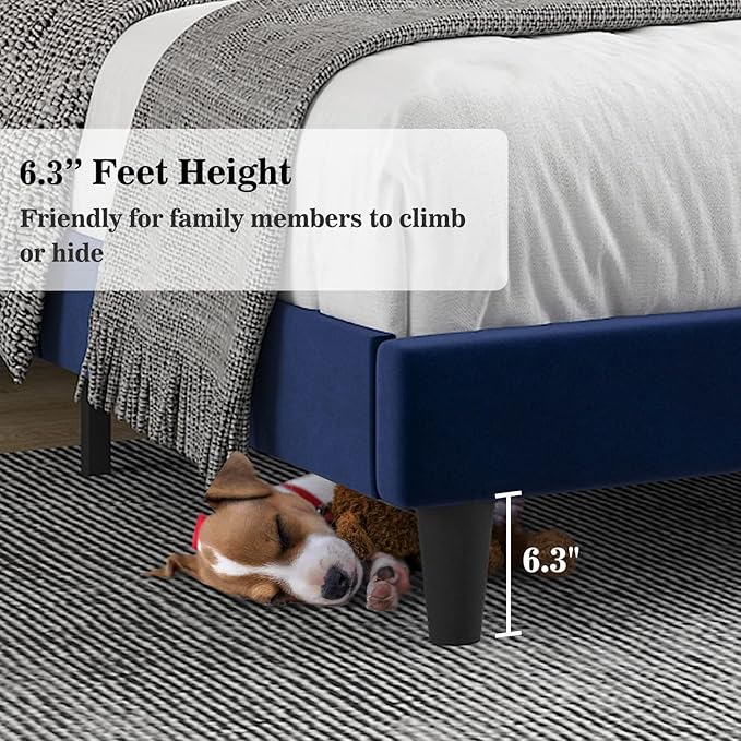 Allewie Queen Platform Bed Frame/Velvet Upholstered Bed Frame with Vertical Channel Tufted Headboard/Strong Wooden Slats/Mattress Foundation/Box Spring Optional/Easy Assembly/Navy Blue