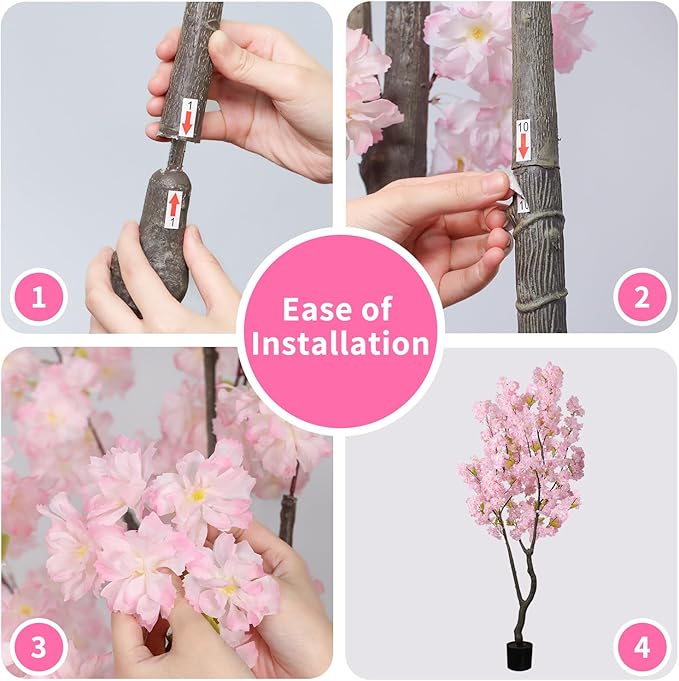 6.56ft Tall Pink Artificial Cherry Blossom Tree Decor, Fake Silk Flower Plant Indoor, Sakura Tree Realistic Faux Cherry Tree for Home Living Room Front Door Office