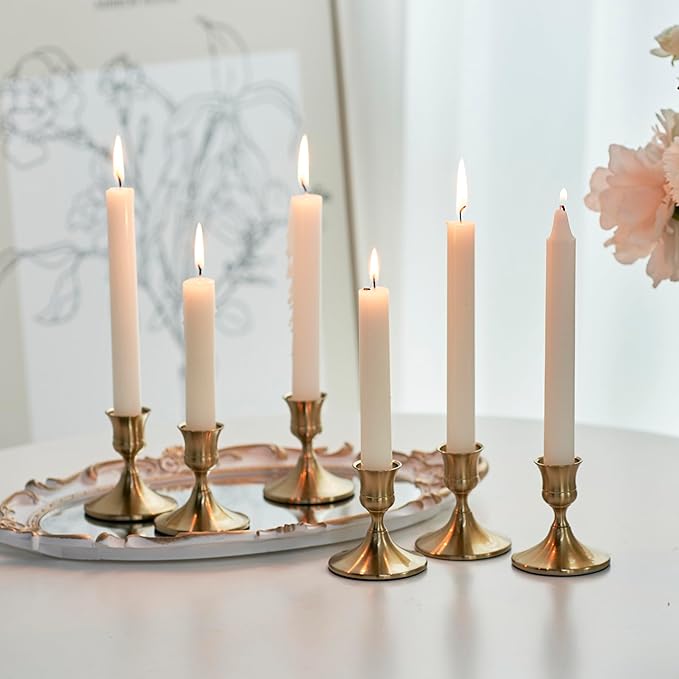 Gold Taper Candle Holder, Brass Candlestick Holders, Vintage Metal for Table Centerpieces Wedding Christmas Decor (Gold, 12 Pcs)
