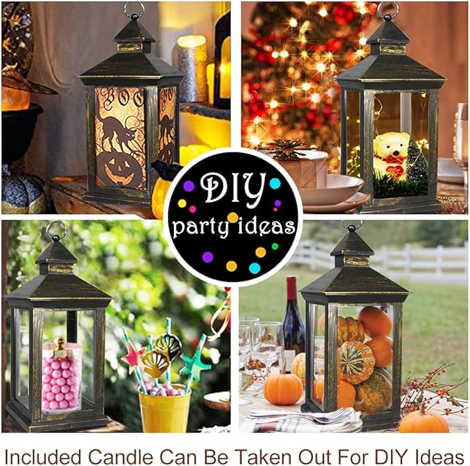 Bright Zeal 2-PACK 14 Inch Vintage Decorative Candle Lanterns With Timer - IP44 Waterproof Distressed Gold Decorative Outdoor Lanterns Battery Powered - Hanging Decorative Lanterns For Wedding Indoors
