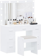 Irontar Vanity Desk with Stool, Makeup Table with Lighted Mirror, 3 Color Lighting Modes, Brightness Adjustable, Dressing Table with Drawers, Bedroom Vanity Table Set for Women, White