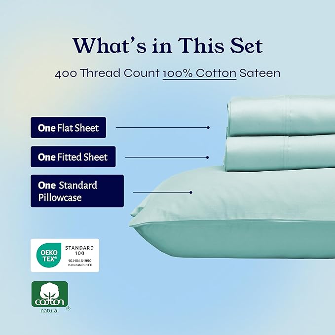 California Design Den Soft Twin Sheets Set - 400 Thread Count Sateen, 100% Cotton Sheets, Deep Pockets, Cooling and Durable Bedding Set for Dorm Rooms & Adults - Seafoam