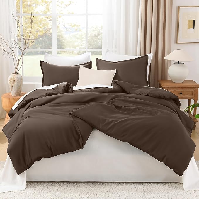 Litanika Comforters King Size Chocolate, 3 Pieces Lightweight Solid Bedding Set & Collections, All Season Fluffy Bed Set (104x90 Inches Comforter & 2 Pillowcases)