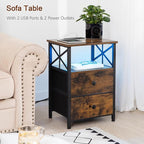 AMHANCIBLE Night Stand Set 2, LED Nightstand with Charging Station, End Tables Living Room with Fabric Drawers, Bedside Table for Bedroom, Rustic Brown, HET052LBR