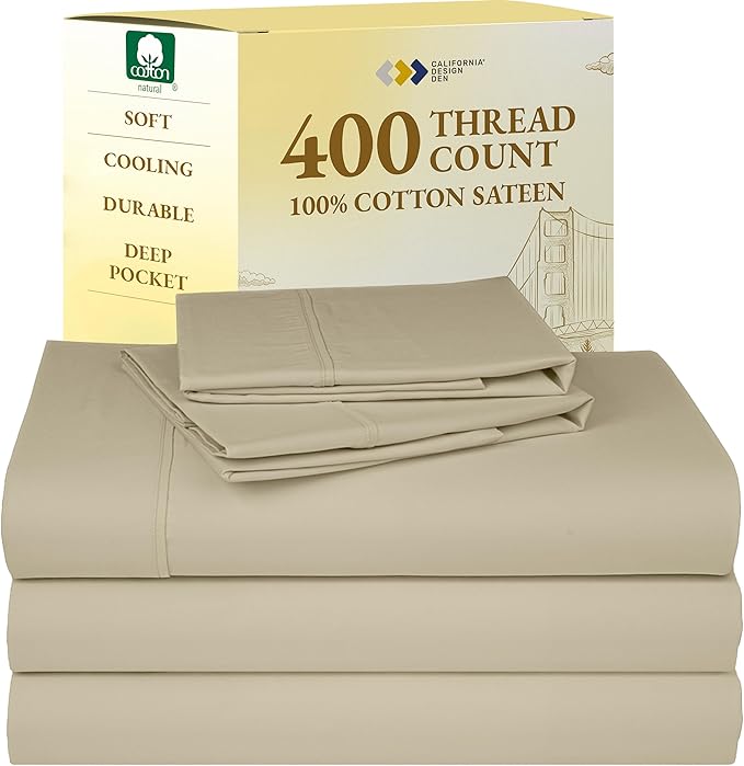 California Design Den Split King Sheets Sets for Adjustable Bed - Soft 400 Thread Count Sateen Natural 100% Cotton Sheets, Deep Pockets, Breathable, Cooling & Durable Bedding Set - Beige (Golden Tone)