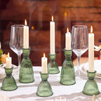 6 Pcs Green Glass Candlestick Holder (3.5"/6", Assorted)- Tall Taper Candle Holders with Vintage Design, Candle Stick Holders in Bulk for Party Decorations, Green Candle Holder for Tapered Candles