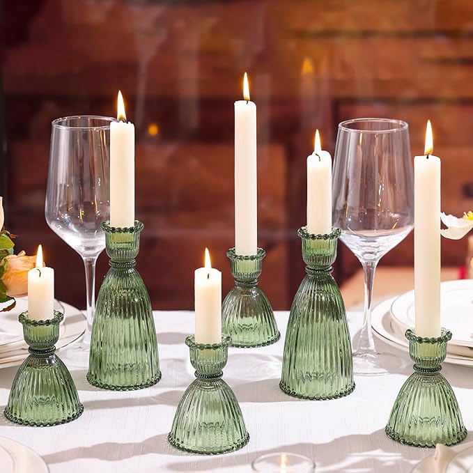 6 Pcs Green Glass Candlestick Holder (3.5"/6", Assorted)- Tall Taper Candle Holders with Vintage Design, Candle Stick Holders in Bulk for Party Decorations, Green Candle Holder for Tapered Candles