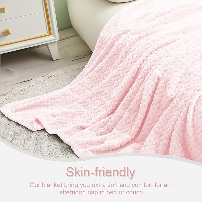 Exclusivo Mezcla Fleece Queen Size Blanket for Bed, 90x90 Inches Soft Cozy Jacquard Flannel Blankets, Lightweight Fuzzy Plush Warm for Winter, Light Pink