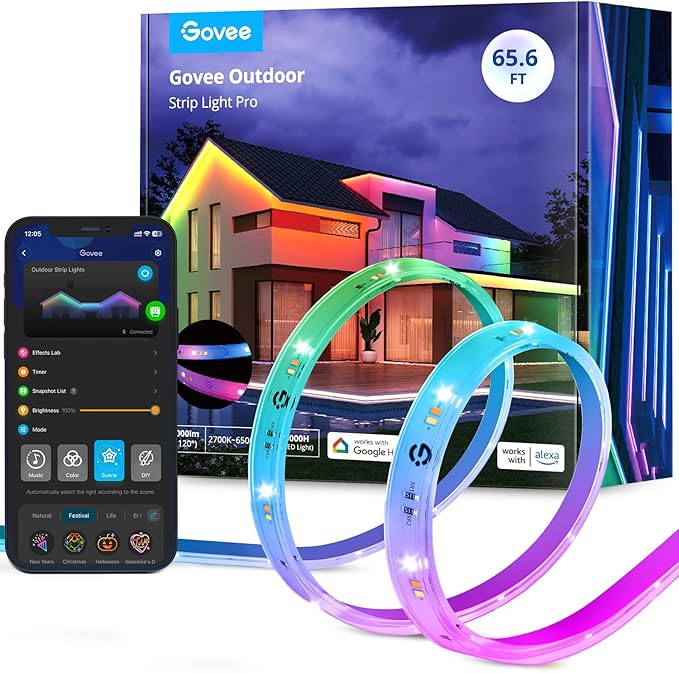 Govee Outdoor LED Strip Lights RGBIC with Warm and Cold White, 65.6ft 2.4G WiFi Smart Outdoor Lights, IP65 Waterproof, Work with Alexa and Google Assistant, App Control, for Porch, Patio, Eave, Party