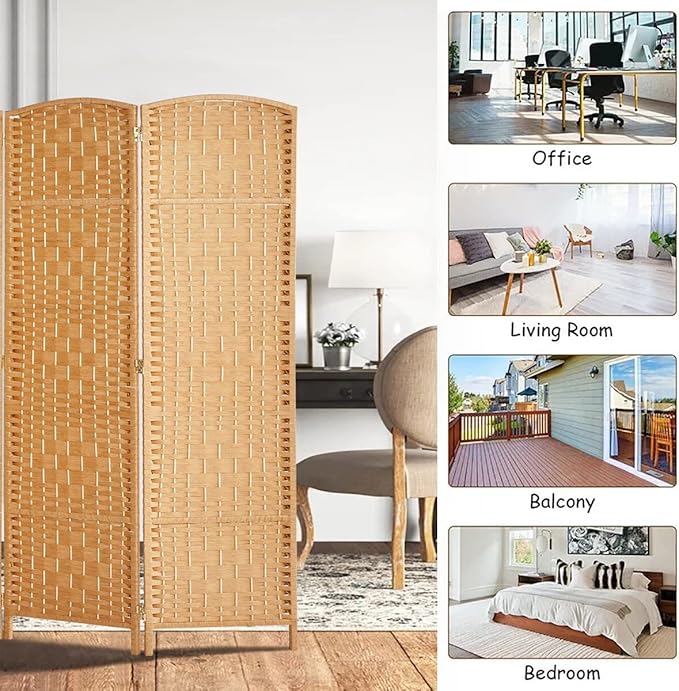 6 ft. Tall-Extra Wide-Diamond Weave Fiber Room Divider - Light Beige - 4 Panel