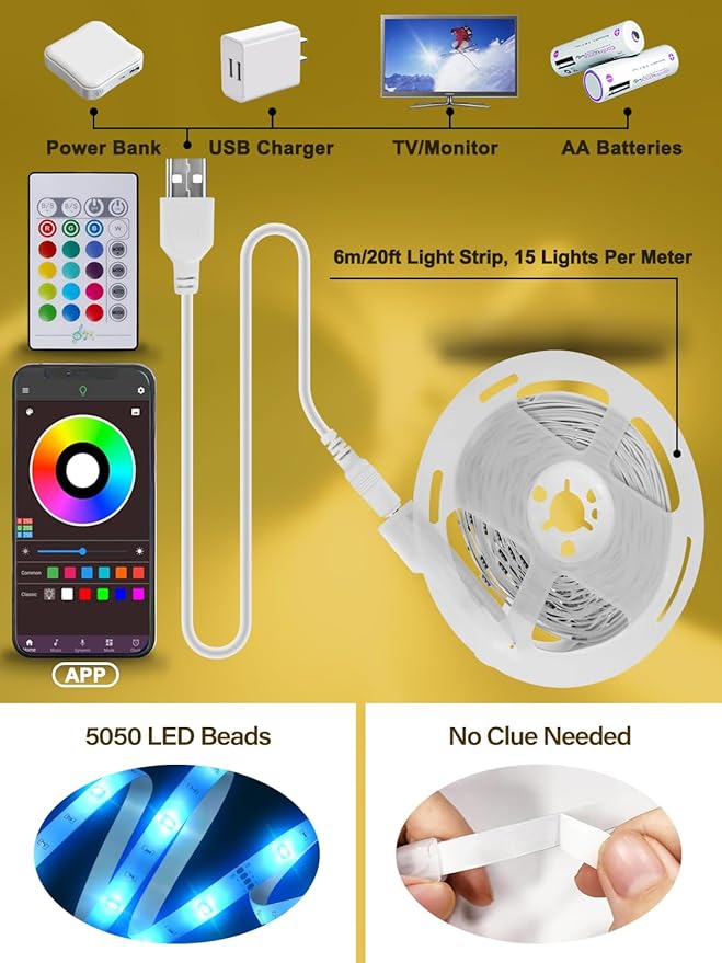 Led Lights for TV for 32-80 Inch, 20ft TV Led Backlight, RGB Led Strip Lights Music Sync Color Changing, USB Light Strip with Remote, App Control Led Lights for Bedroom, Gaming Accessories