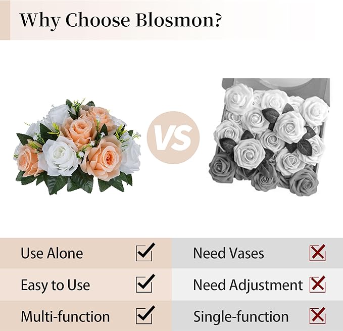 BLOSMON Flower Ball Centerpieces for Tables: 2pcs 9.5 Inch Peach Fuzz Fake Rose Flowers Kissing Balls Artificial Wedding Floral Arrangements Silk Bouquet with Base Home Party Room DIY Decorations