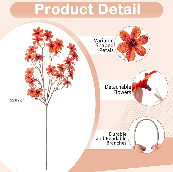 Artificial Flowers with Stems, 6 Pcs Long Stem Fake Flower Vase Filler Arrangements for Wedding Home Party Indoor Decor, Vase Not Included