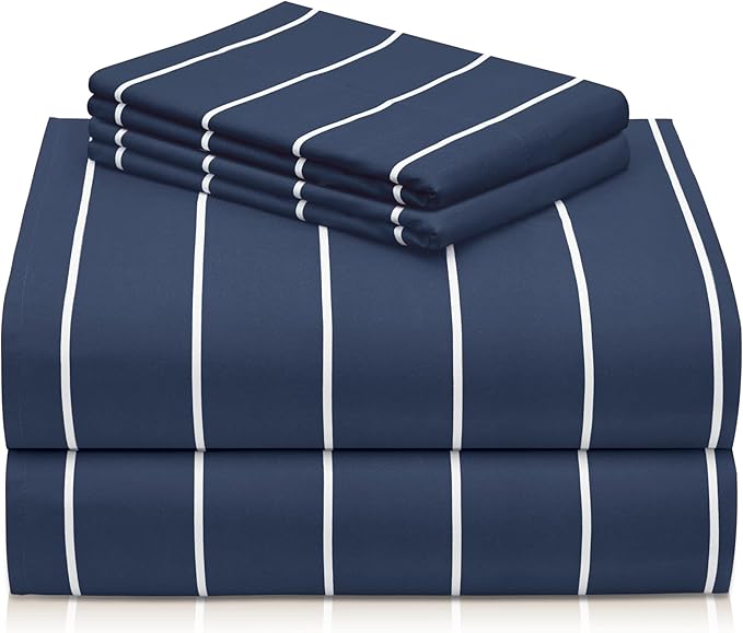 LuxClub 4 PC Queen Size Sheet Set Bed Sheets, Breathable Luxury Deep Pockets Wrinkle Free Cooling Sheets Machine Washable Hotel Bedding (Queen, Striped Navy)