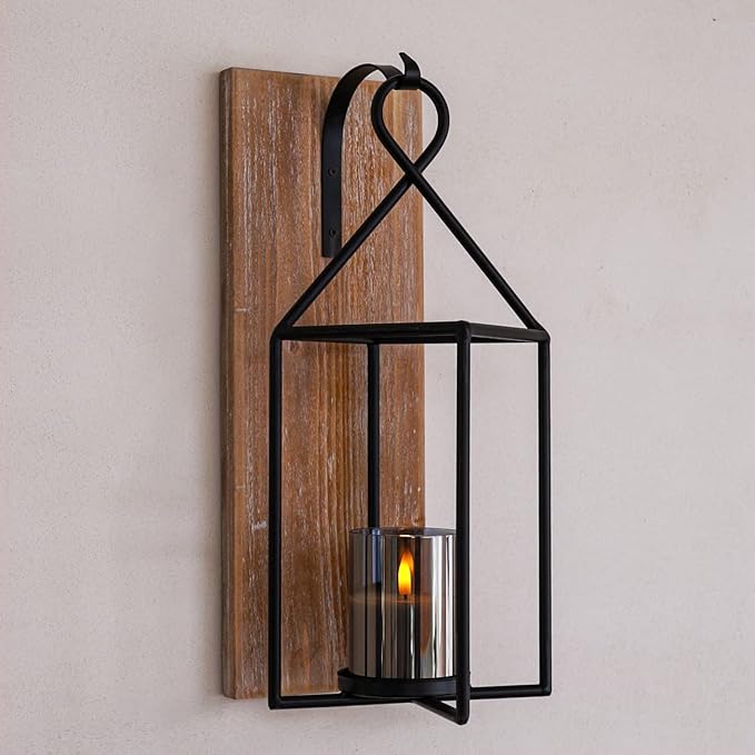 Homemory Wall Candle Sconce, Wood Rustic Candle Holder Decorative Candle Lantern with Glass Holder, Wall Decorations for Living Room, Dining Room