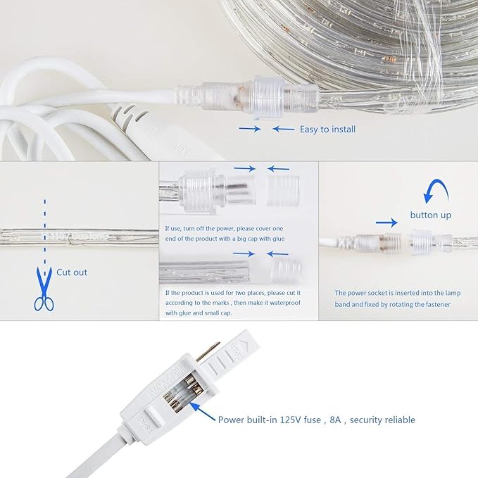 50ft/15m Plug in LED Rope Lights, 540 Warm White LEDs, 110V, Waterproof, Connectable,Power Socket Connector Fuse Holder, Indoor/Outdoor Use, Ideal for Backyards, Decorative Lighting