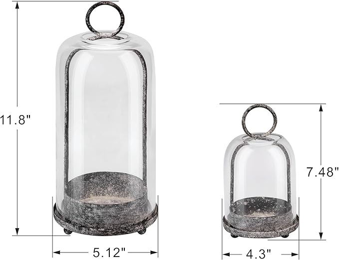 5" & 4" Wide Versatile Metal Candle Holder in Shabby Black with Handmade Thick & Sturdy Glass Dome Cover for Pillar Candle & Plants, Industrial, Farmhouse (2, Black Shabby, Large & Small)