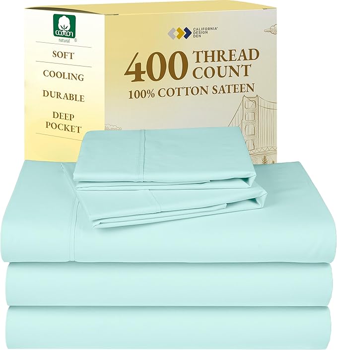 California Design Den Split King Sheets Sets for Adjustable Bed - Soft 400 Thread Count Sateen, Natural 100% Cotton Sheets with Deep Pockets, Breathable, Cooling and Durable Bedding Set - Seafoam