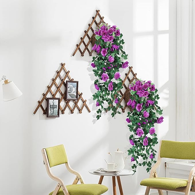 RECUTMS Artificial Hanging Rose Plants Fake Flowers Vines Wall Décor House Garden Patio Front Porch Indoor Decor (Purple)