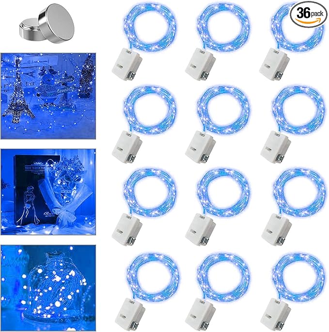 36 Pack Fairy Lights Battery Operated, 3 Speed Modes, Extra 40 Batteries for Replacement, 7Ft 20 LED Mini String Lights, Waterproof Copper Wire, Twinkle Firefly Lights for Christmas Decorations,Blue